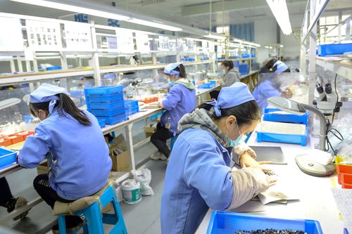 2月29日,沅陵县向华电子科技工人们正在生产电子元器件.